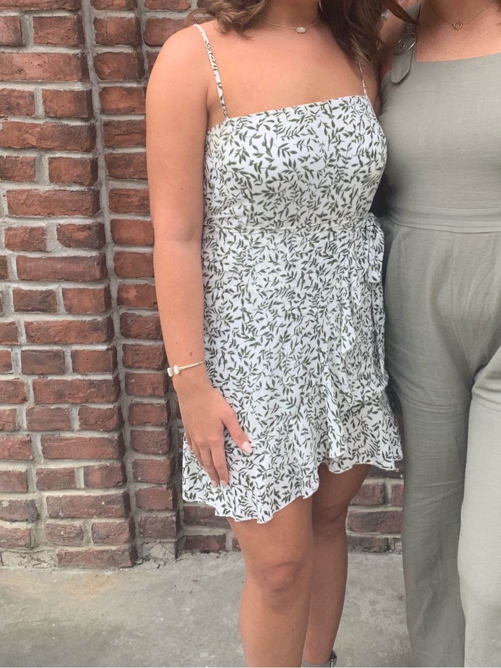 Princess Polly Adjustable Strap Leaf-Print Mini Dress in White and Olive Green